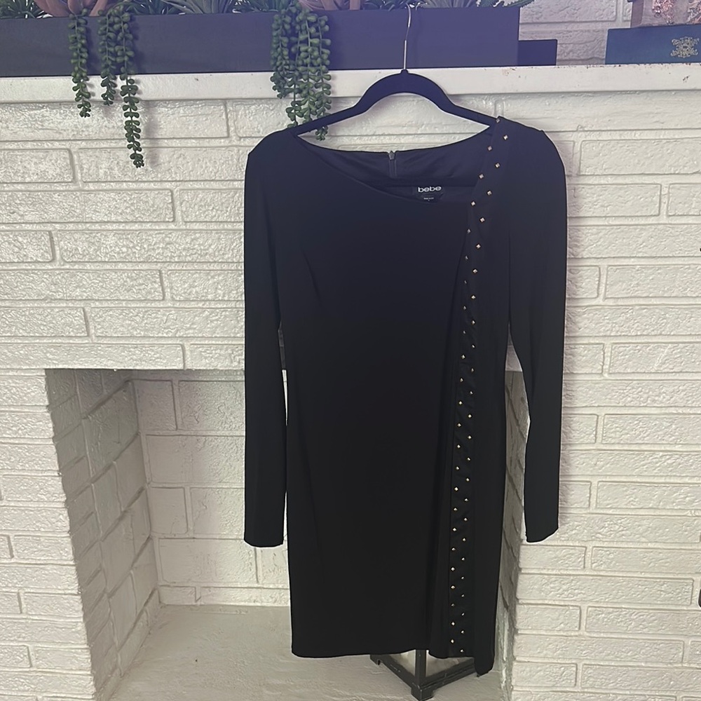 Bebe Black Asymmetrical Long Sleeve Cocktail Dress